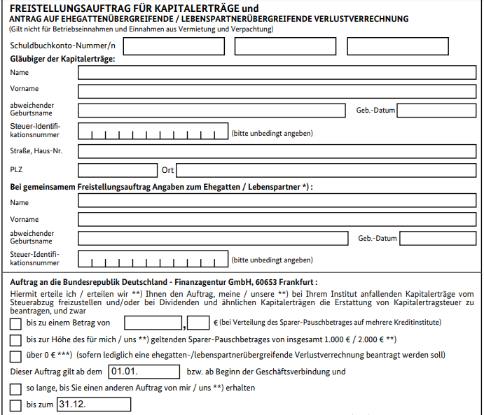 Beispielformular Freistellungsauftrag für Kapitalerträge 